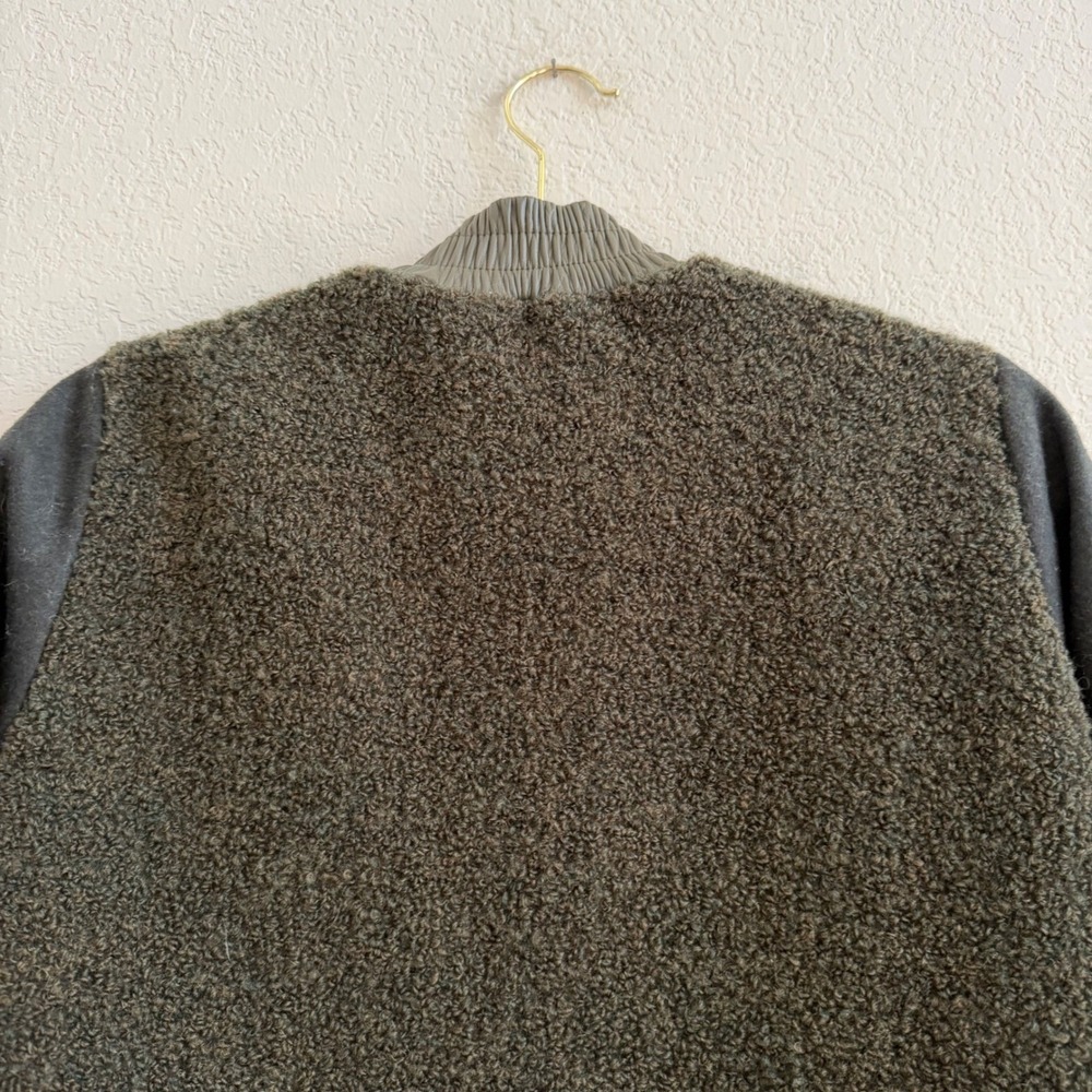 SIR. The Label Mixed Media Boucle Wool Bomber Jacket Olive Green Leather Trim S - Picture 10 of 16